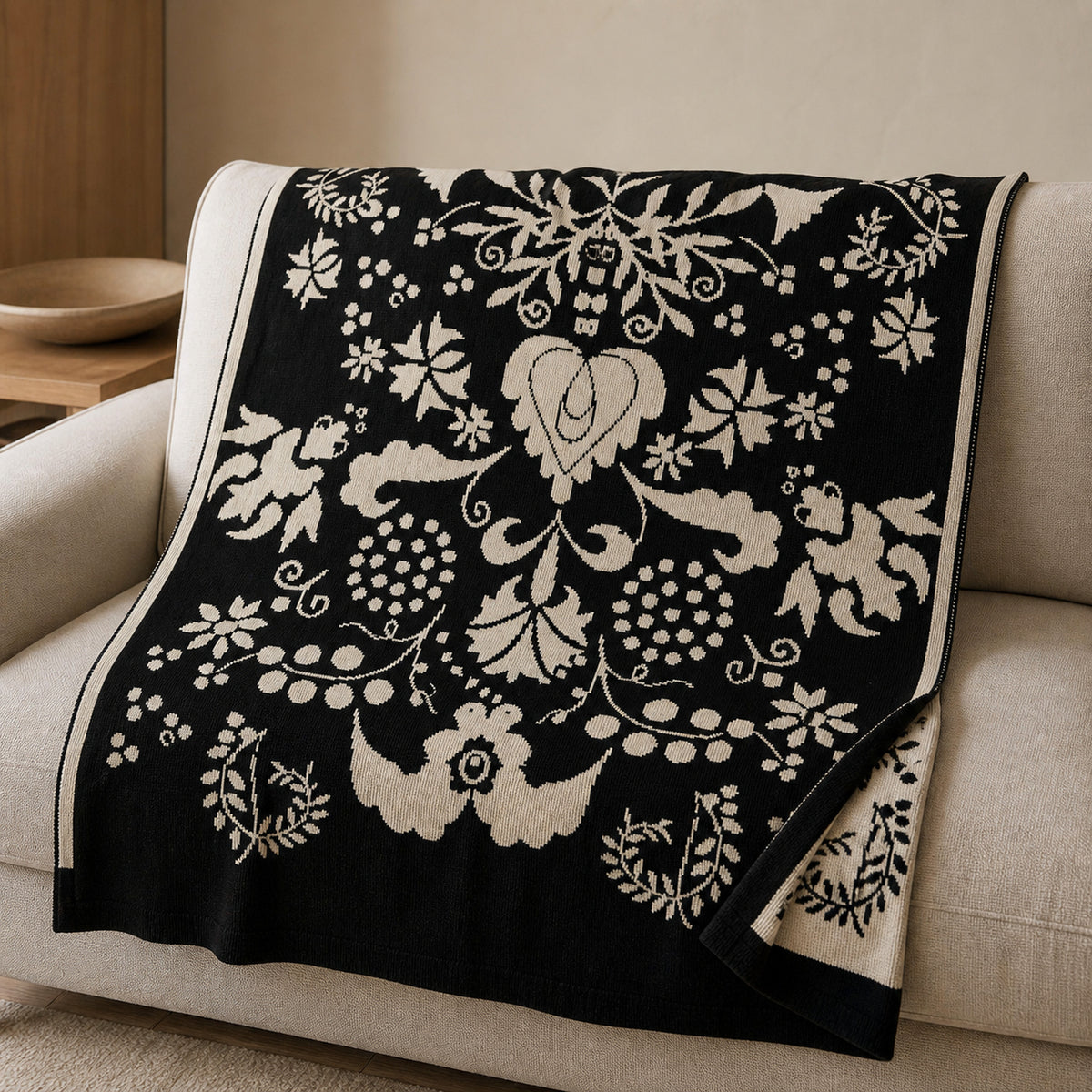 Carnation knitted blanket in Black / Cream, lifestyle view