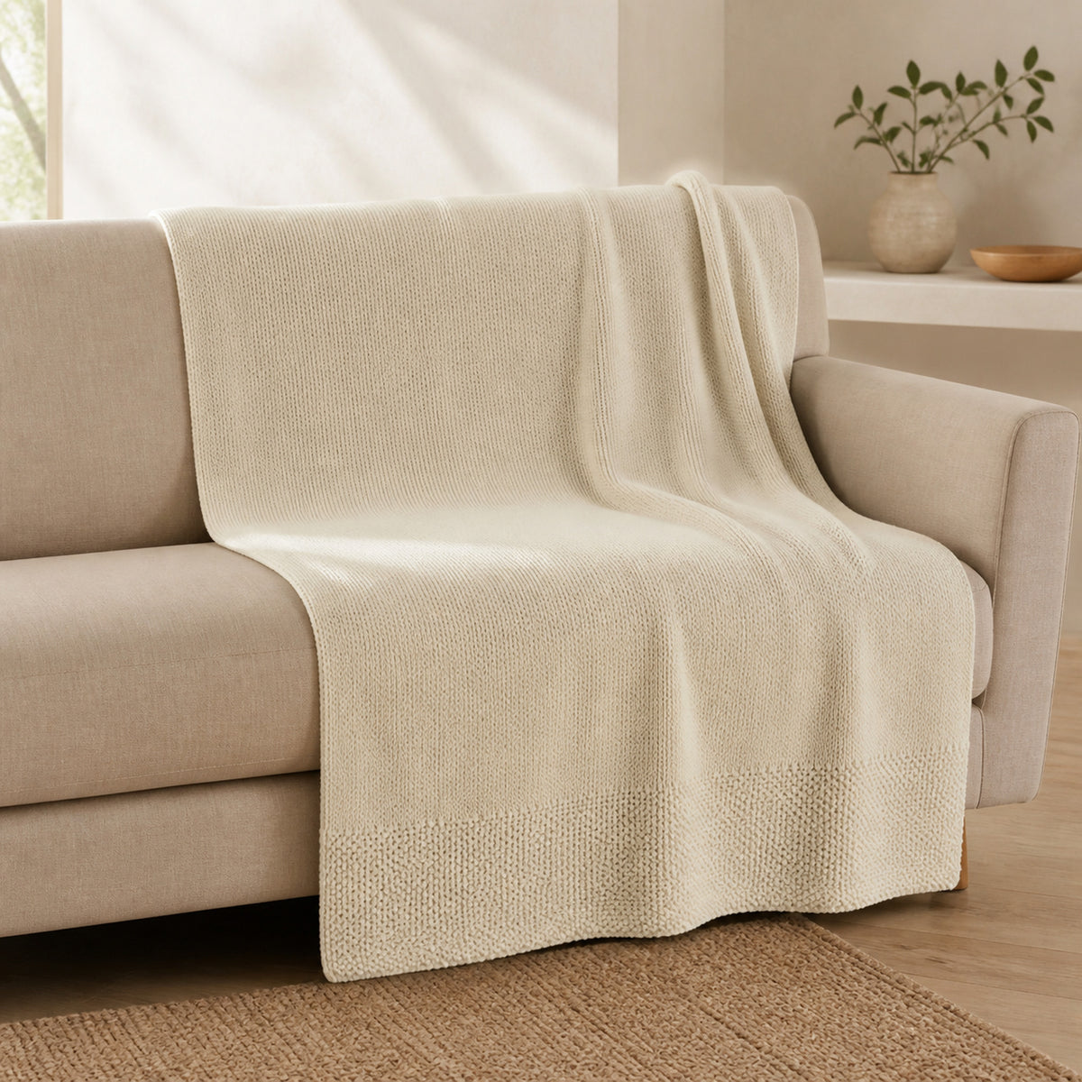 Tinka knitted blanket in Cream, lifestyle view