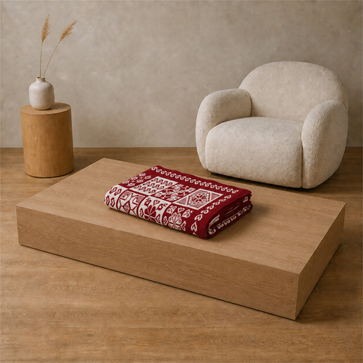 Alpine Heritage knitted blanket in Dark red / White, full pattern view