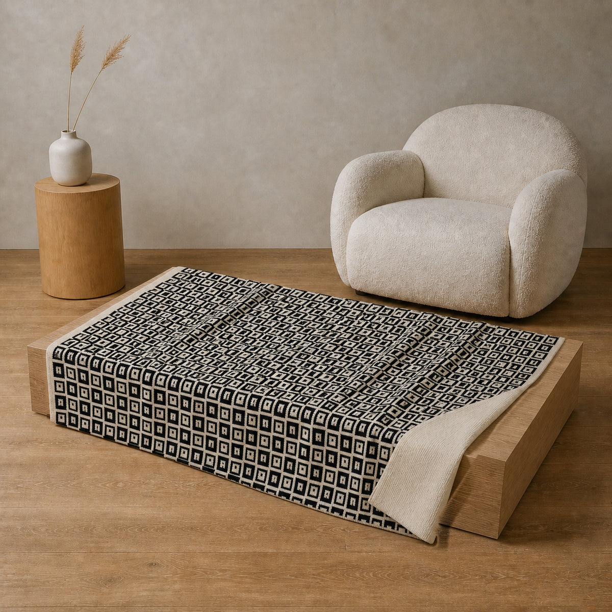 Mosaic knitted blanket – Black / Cream, full pattern view