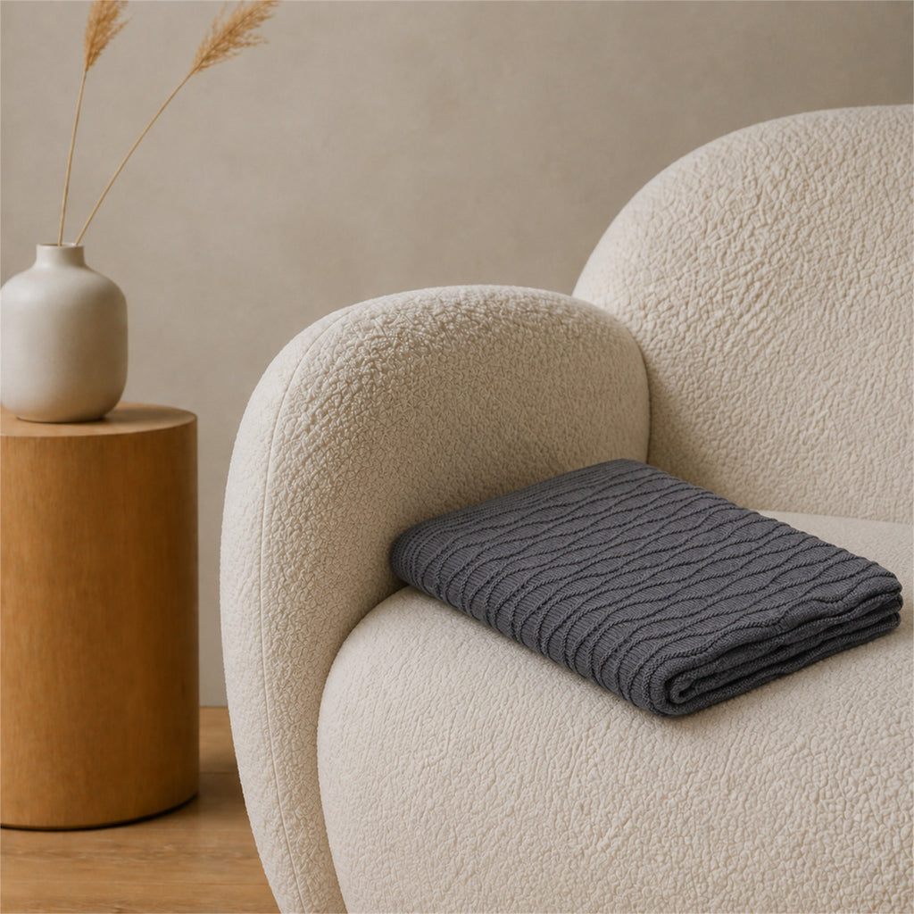 Soča knitted blanket in Grey, pattern and texture detail