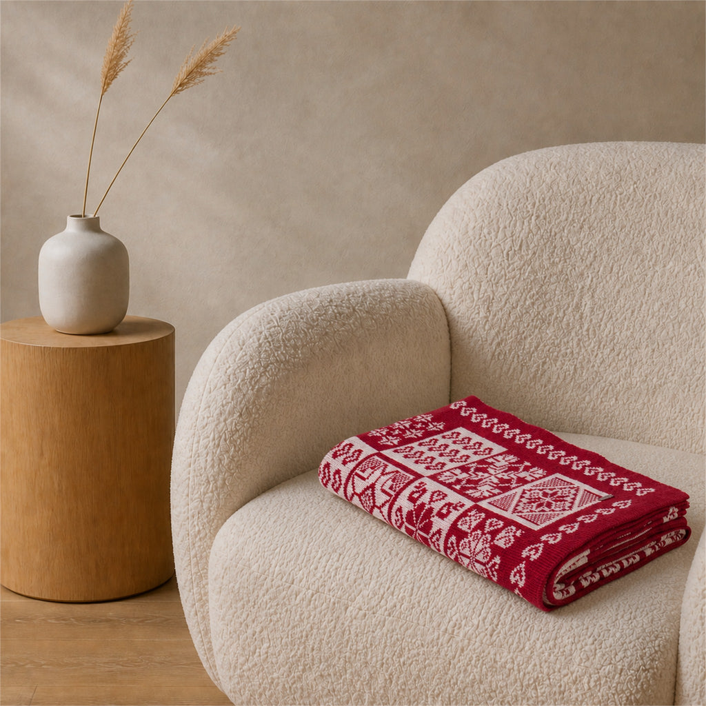 Alpine Heritage knitted blanket in Dark red / White, folded view