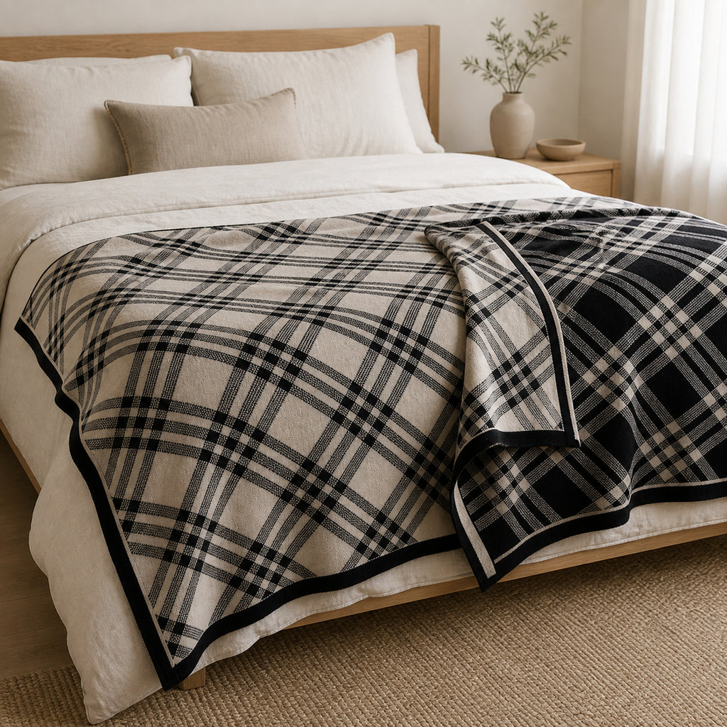 Axel knitted blanket – Black / Beige, alternate lifestyle view