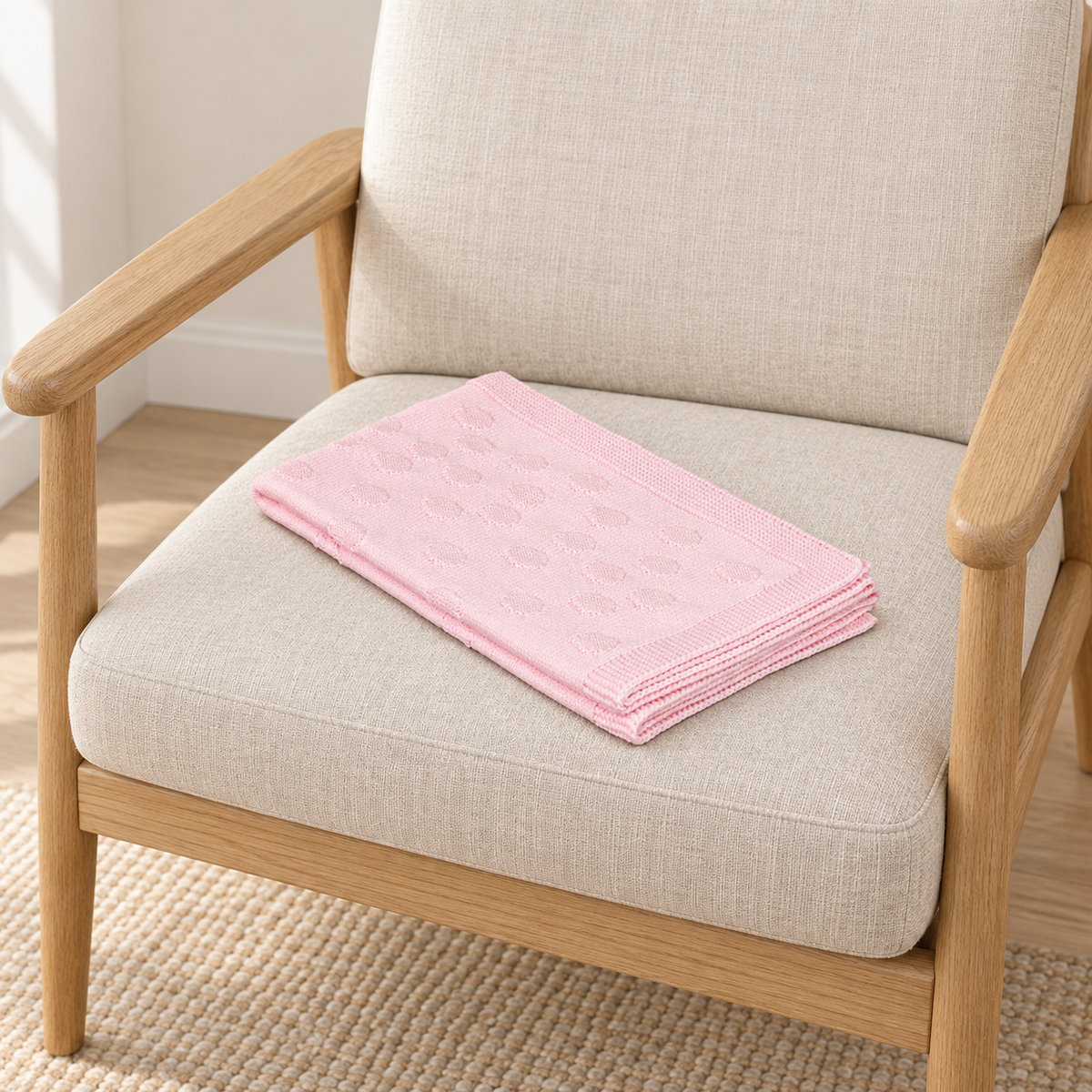 Alex baby blanket in light pink, folded on a seat with small oval motifs visible.