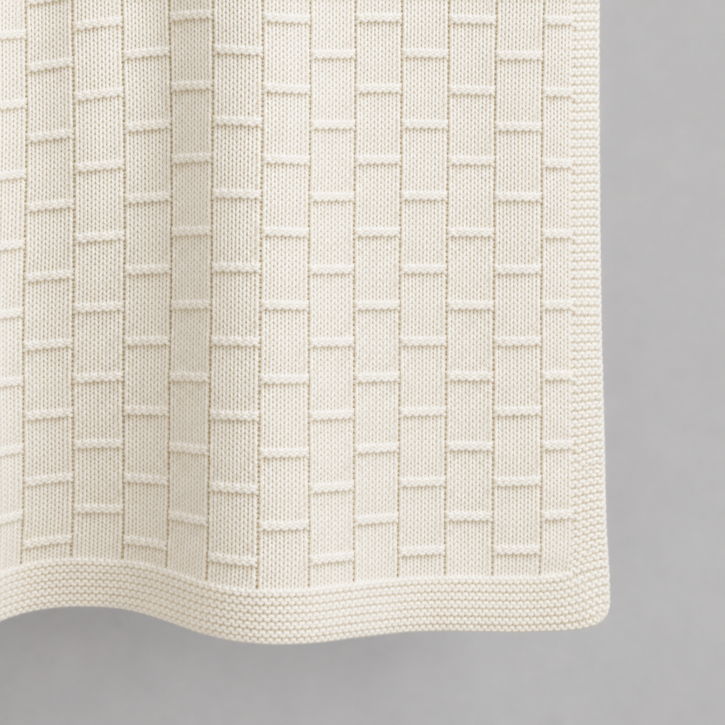 Buba baby blanket in cream, detail of the fine rectangular knit pattern and borders.