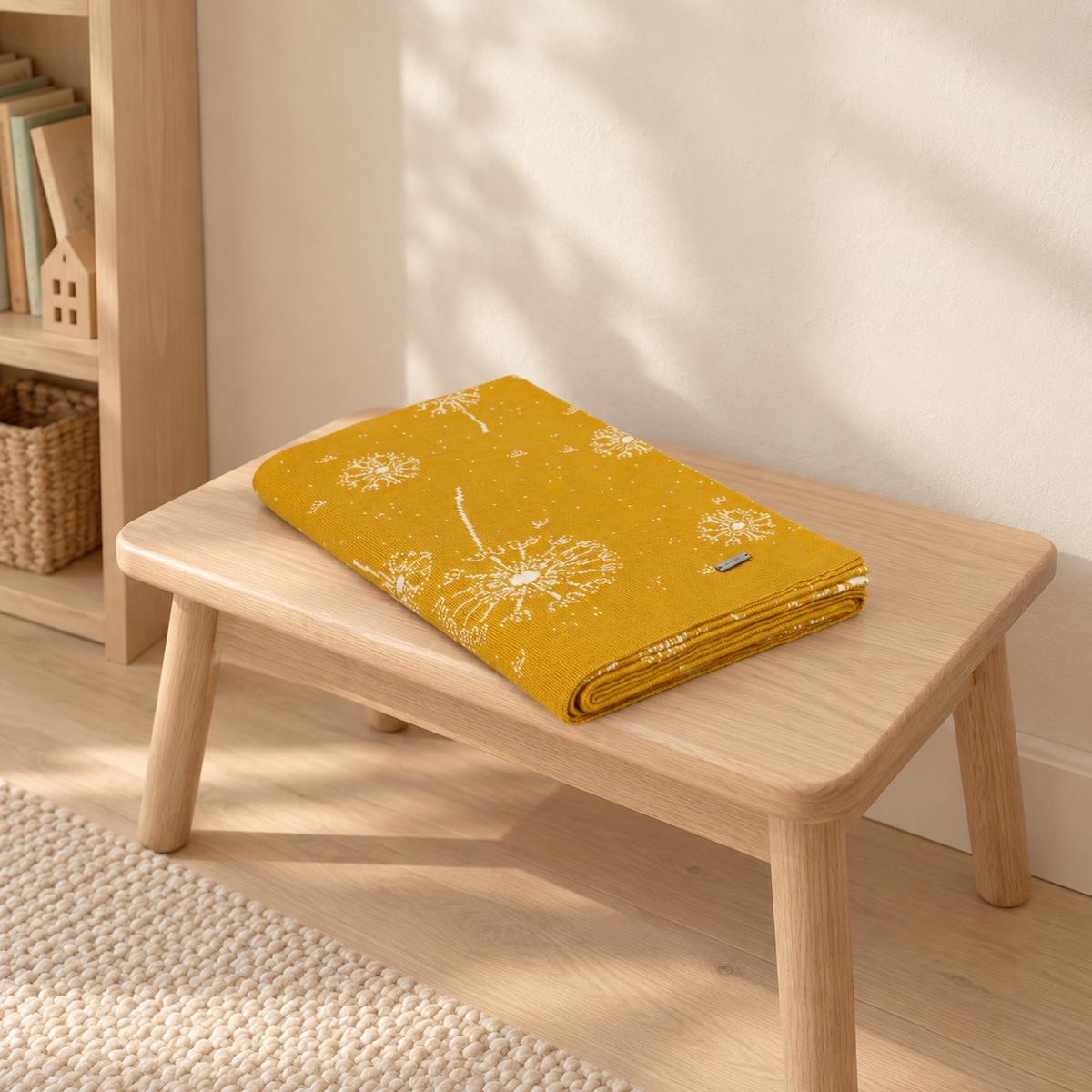 Lučka blanket in curry yellow, folded on a small bench with dandelion motifs visible.