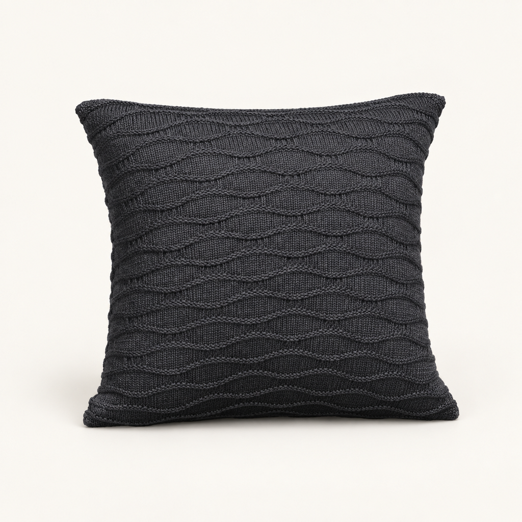 Soča knitted cushion cover in anthracite, front studio view