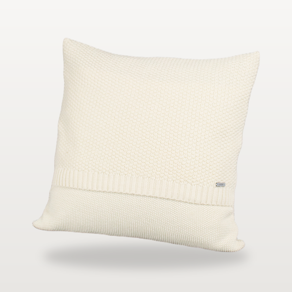 Tinka textured knitted cushion cover in cream, front studio view
